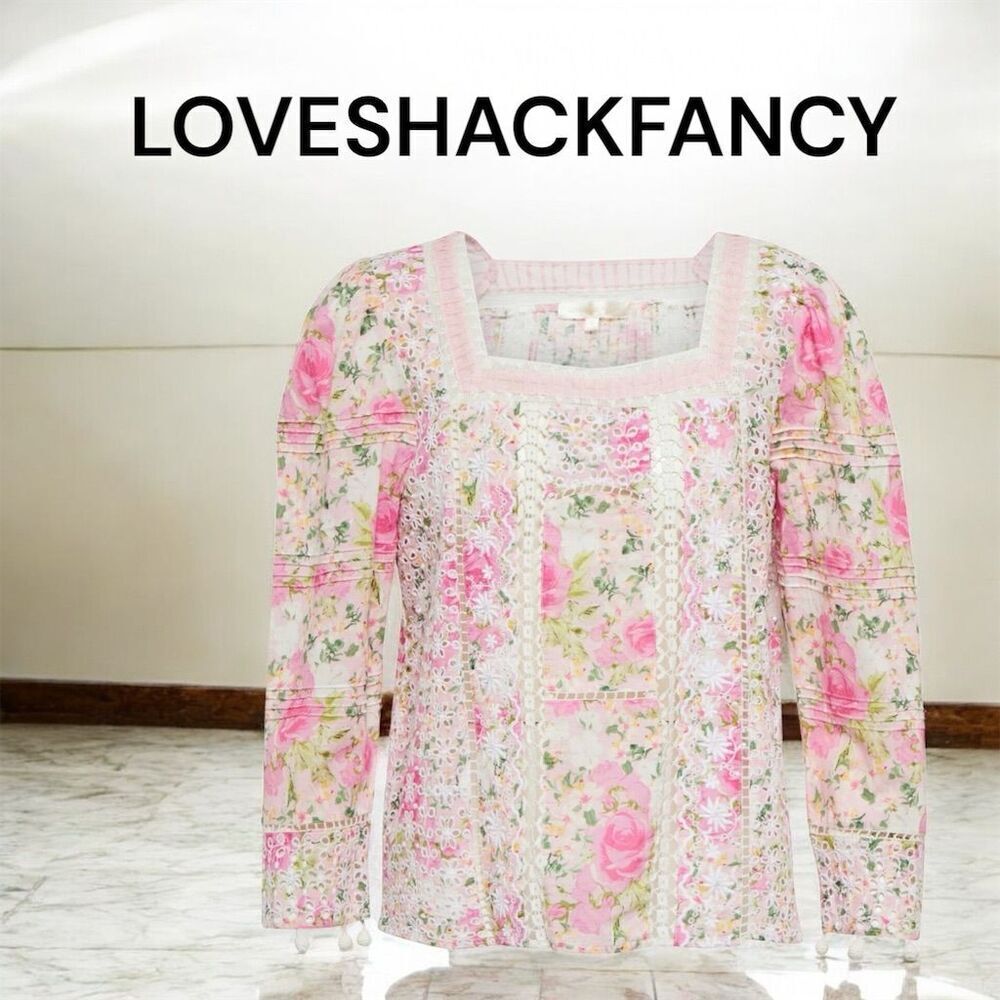 LoveShackFancy Romantic Eyelet Pink White Floral Square Neck Blouse Sleeve - Picture 2 of 12